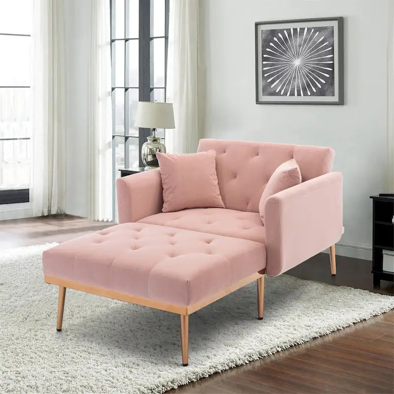 Chaise longue rembourrée rose de 158 cm avec pieds en fer