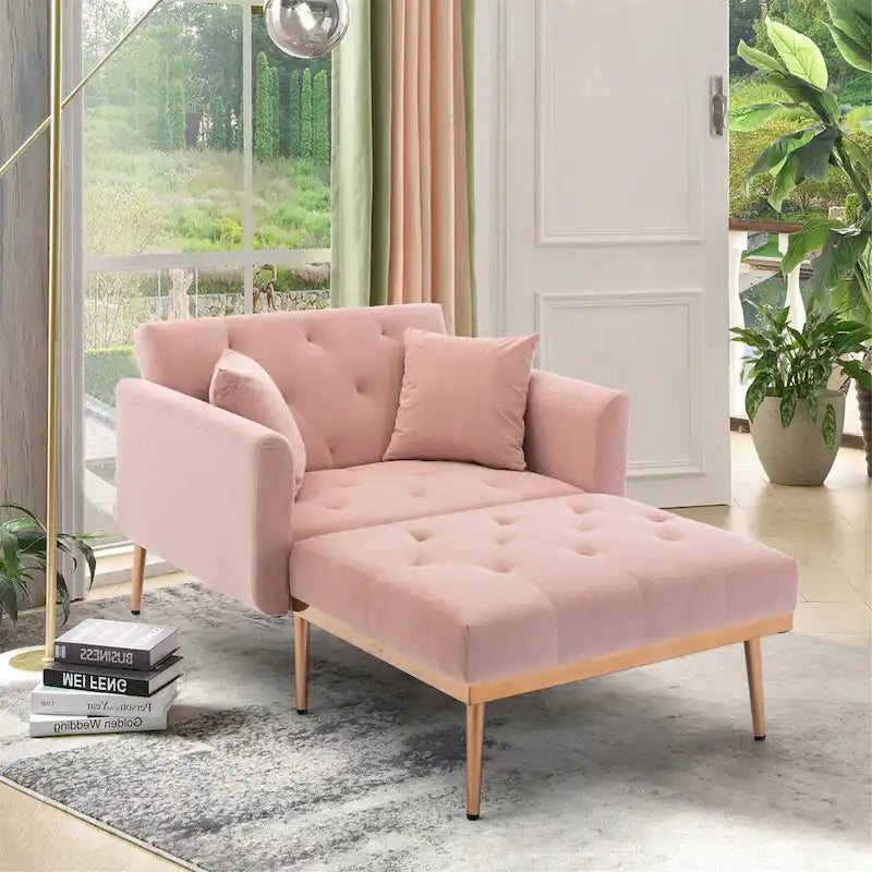 Chaise longue rembourrée rose de 158 cm avec pieds en fer