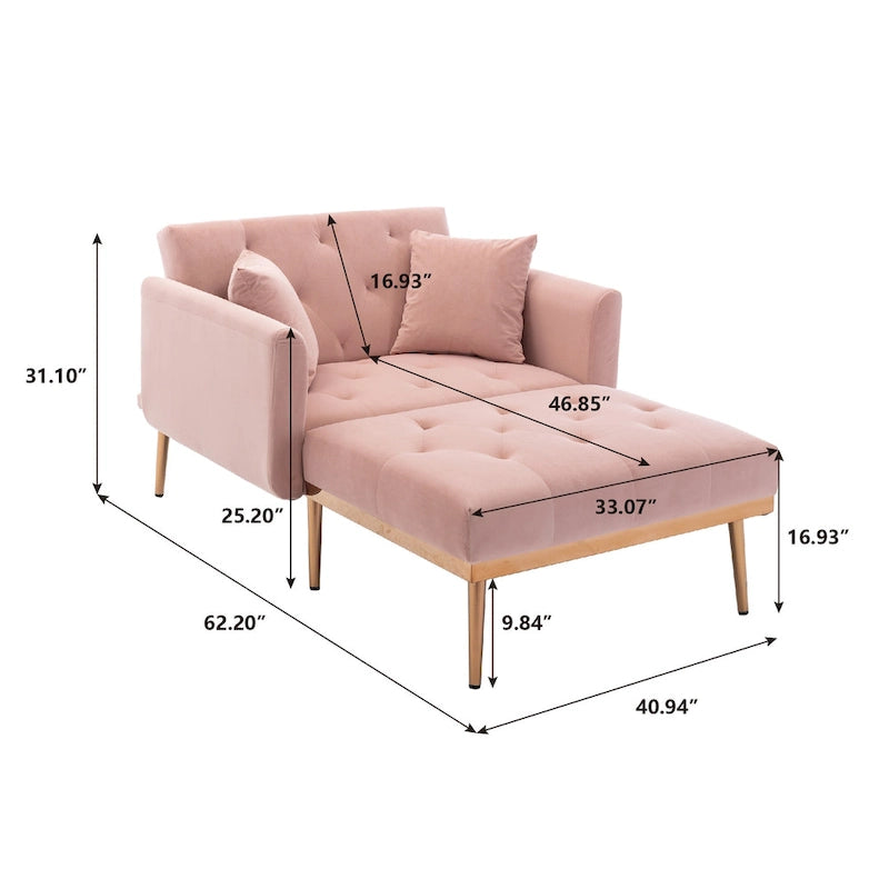 Chaise longue rembourrée rose de 158 cm avec pieds en fer
