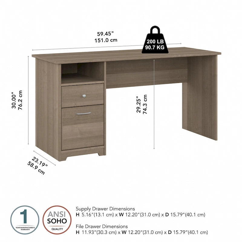 Bureau informatique de 60 W avec tiroirs et rangement