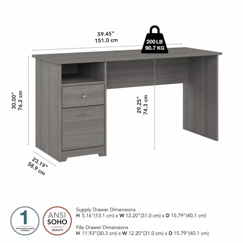 Bureau informatique de 60 W avec tiroirs et rangement