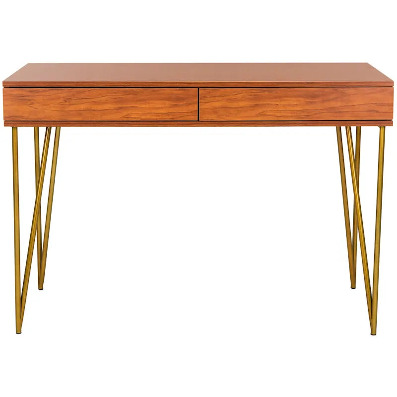 Bureau 2 tiroirs Pine Natural avec pieds épingle pour bureau à domicile moderne