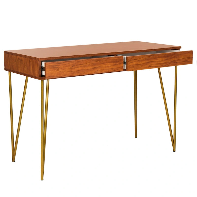 Bureau 2 tiroirs Pine Natural avec pieds épingle pour bureau à domicile moderne
