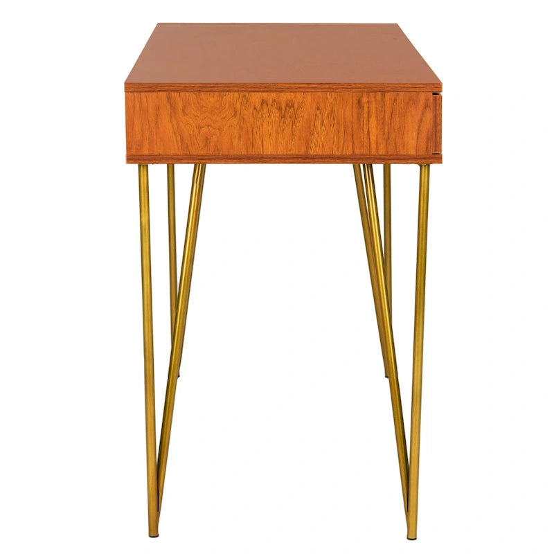 Bureau 2 tiroirs Pine Natural avec pieds épingle pour bureau à domicile moderne