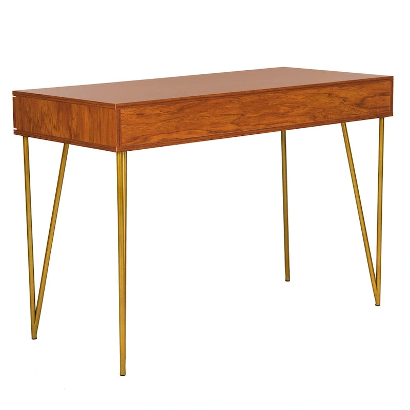 Bureau 2 tiroirs Pine Natural avec pieds épingle pour bureau à domicile moderne