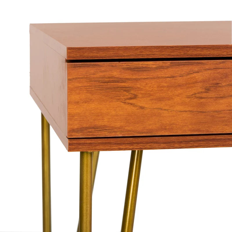 Bureau 2 tiroirs Pine Natural avec pieds épingle pour bureau à domicile moderne