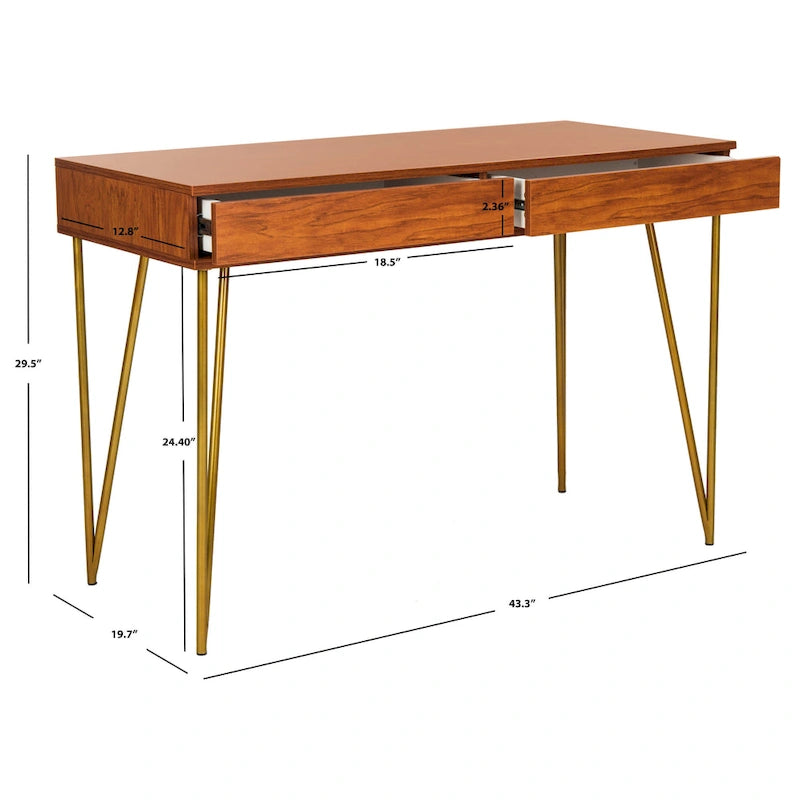 Bureau 2 tiroirs Pine Natural avec pieds épingle pour bureau à domicile moderne