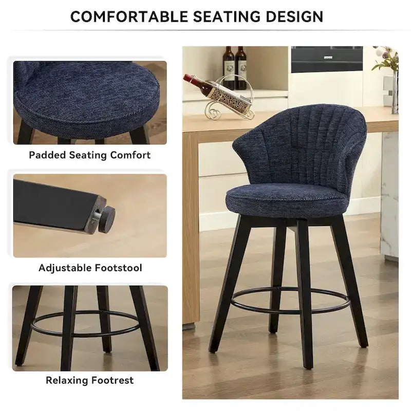 Tabouret de bar pivotant à dossier ailé avec revêtement en chenille et pieds réglables