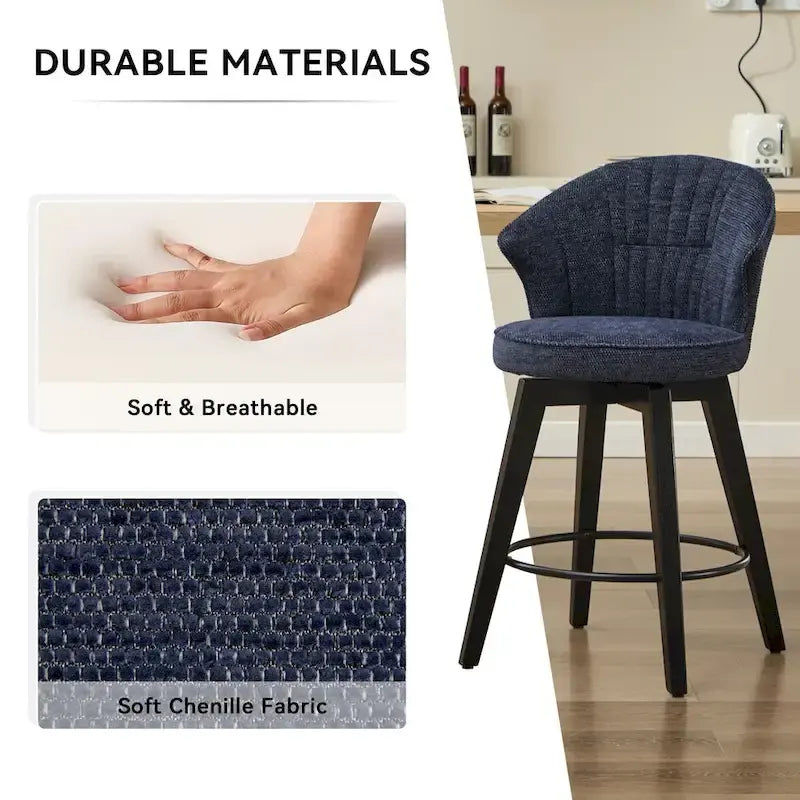 Tabouret de bar pivotant à dossier ailé avec revêtement en chenille et pieds réglables