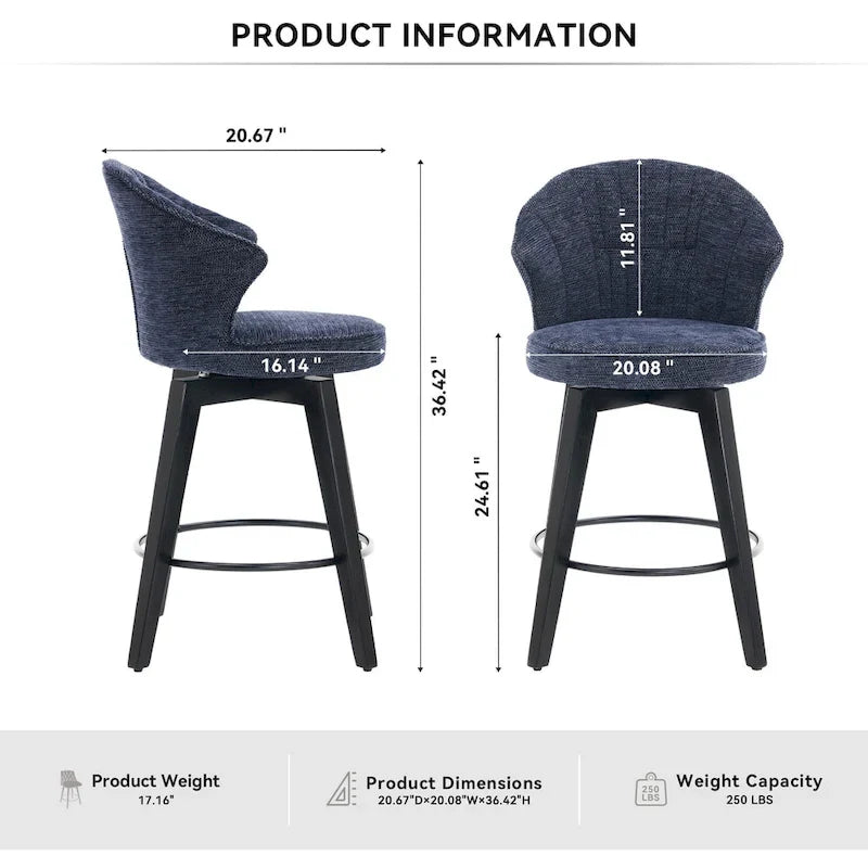 Tabouret de bar pivotant à dossier ailé avec revêtement en chenille et pieds réglables