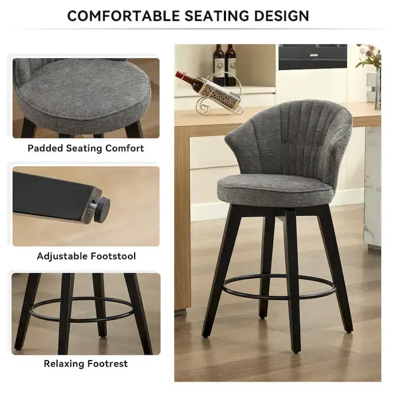 Tabouret de bar pivotant à dossier ailé avec revêtement en chenille et pieds réglables