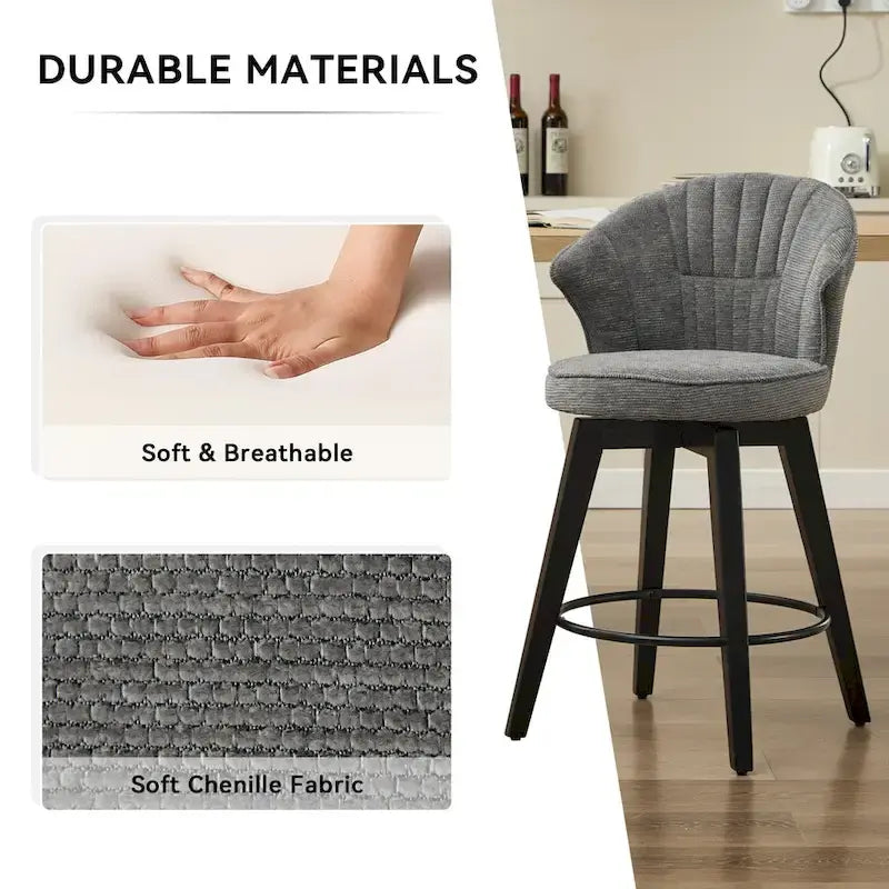Tabouret de bar pivotant à dossier ailé avec revêtement en chenille et pieds réglables