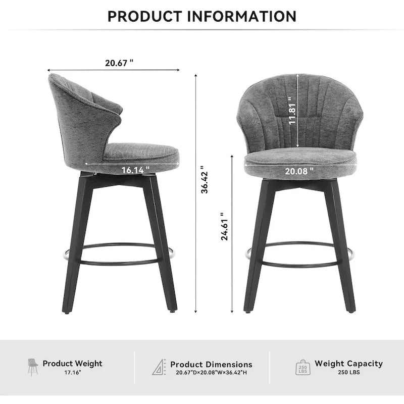 Tabouret de bar pivotant à dossier ailé avec revêtement en chenille et pieds réglables