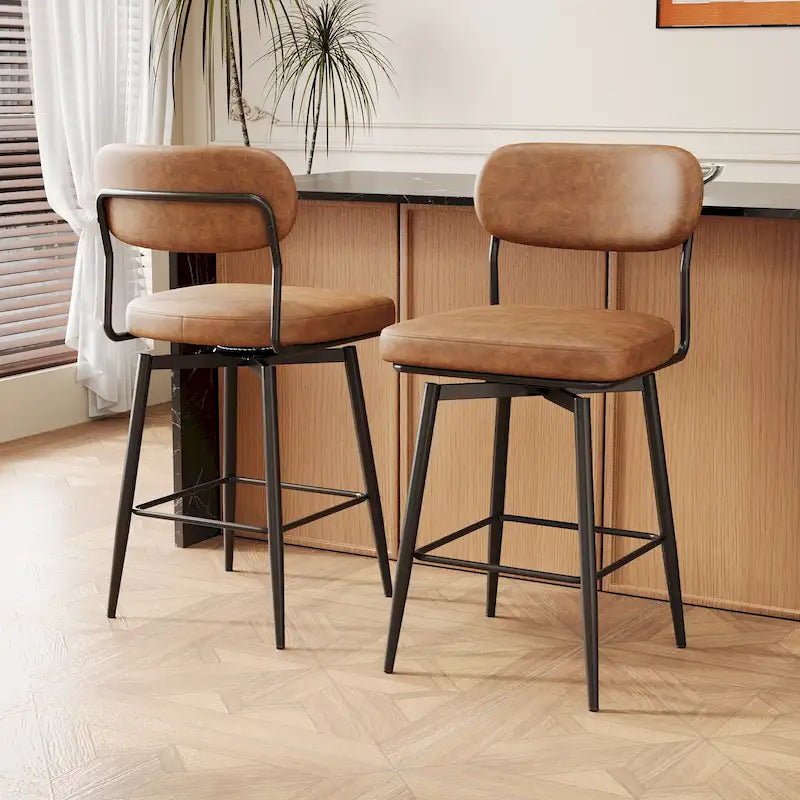 Tabouret de bar pivotant à 360°, hauteur comptoir, en cuir, avec piètement en fer forgé