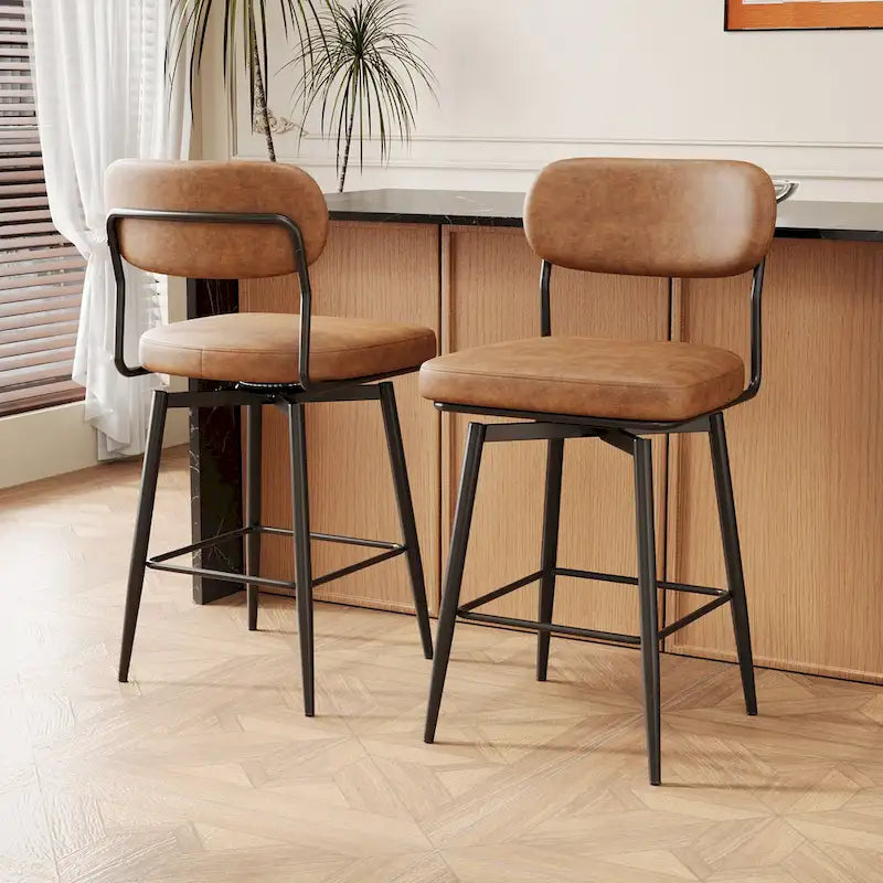 Tabouret de bar pivotant à 360°, hauteur comptoir, en cuir, avec piètement en fer forgé