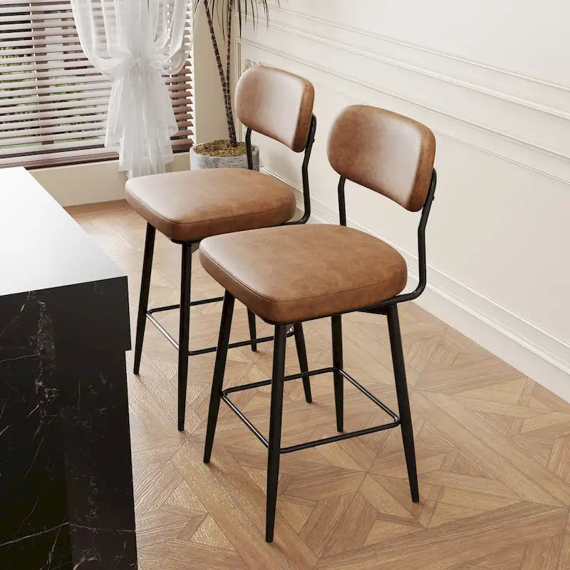 Tabouret de bar pivotant à 360°, hauteur comptoir, en cuir, avec piètement en fer forgé
