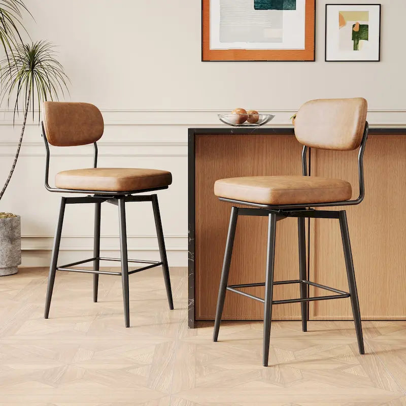 Tabouret de bar pivotant à 360°, hauteur comptoir, en cuir, avec piètement en fer forgé
