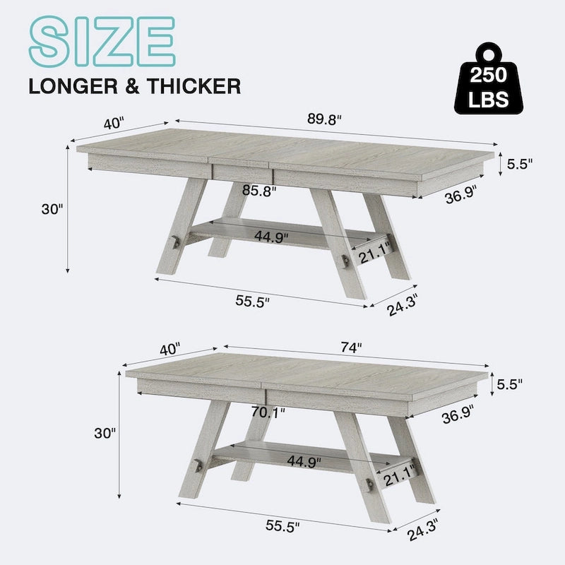 Table à manger extensible rectangulaire en bois massif avec finition grain de bois
