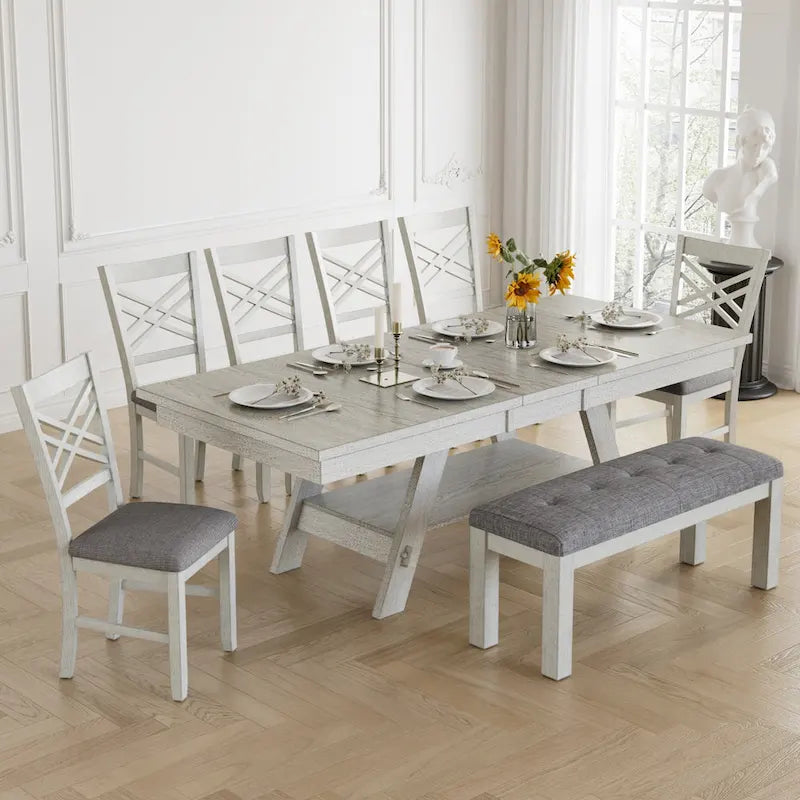 Table à manger extensible rectangulaire en bois massif avec finition grain de bois