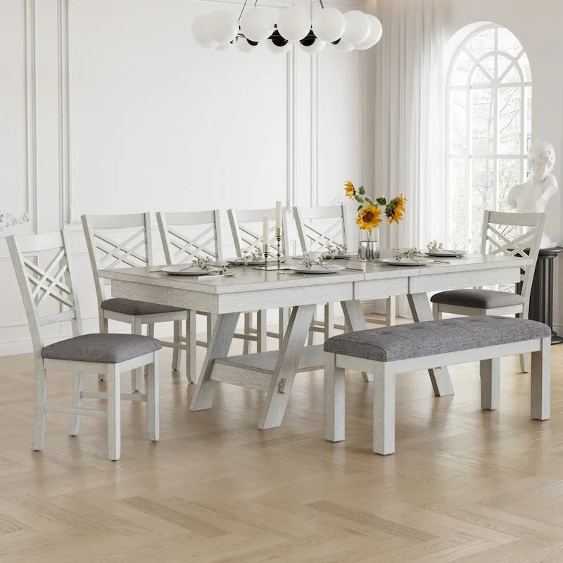 Table à manger extensible rectangulaire en bois massif avec finition grain de bois