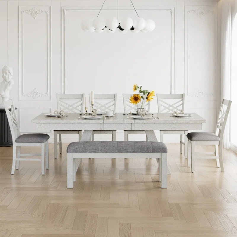 Table à manger extensible rectangulaire en bois massif avec finition grain de bois