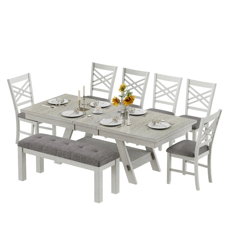 Table à manger extensible rectangulaire en bois massif avec finition grain de bois