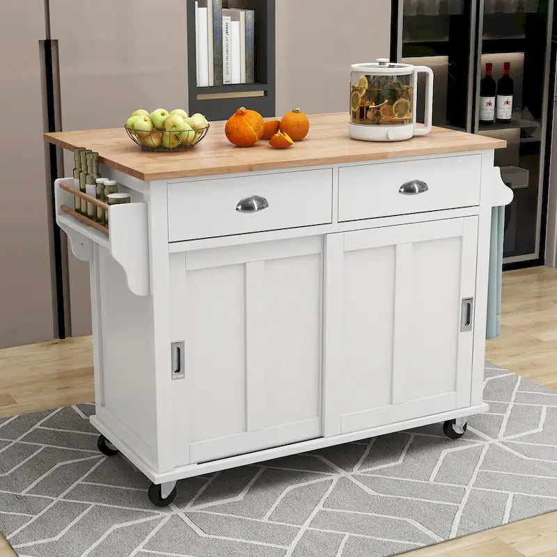 Desserte de cuisine avec plan de travail rabattable en bois d'hévéa et porte coulissante type grange