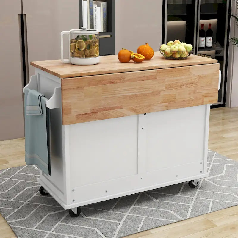 Desserte de cuisine avec plan de travail rabattable en bois d'hévéa et porte coulissante type grange