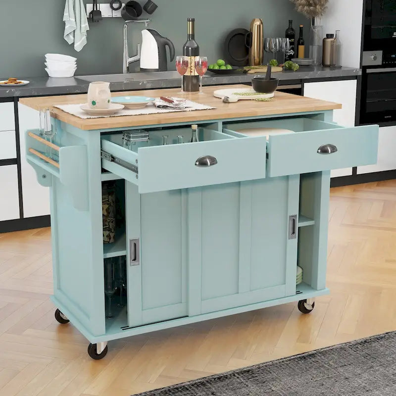 Desserte de cuisine avec plan de travail rabattable en bois d'hévéa et porte coulissante type grange