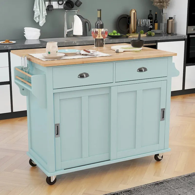 Desserte de cuisine avec plan de travail rabattable en bois d'hévéa et porte coulissante type grange