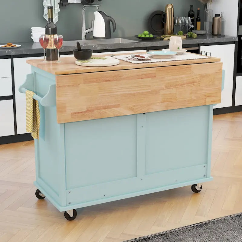 Desserte de cuisine avec plan de travail rabattable en bois d'hévéa et porte coulissante type grange