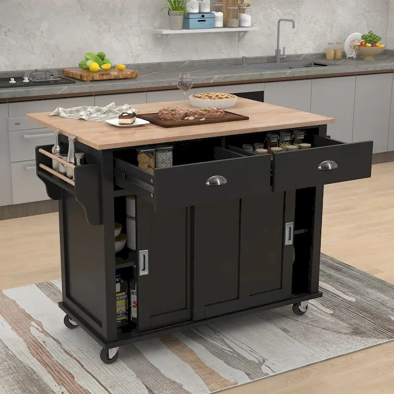 Desserte de cuisine avec plan de travail rabattable en bois d'hévéa et porte coulissante type grange