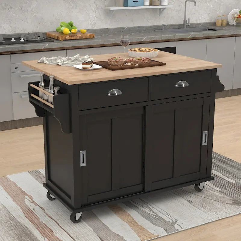 Desserte de cuisine avec plan de travail rabattable en bois d'hévéa et porte coulissante type grange