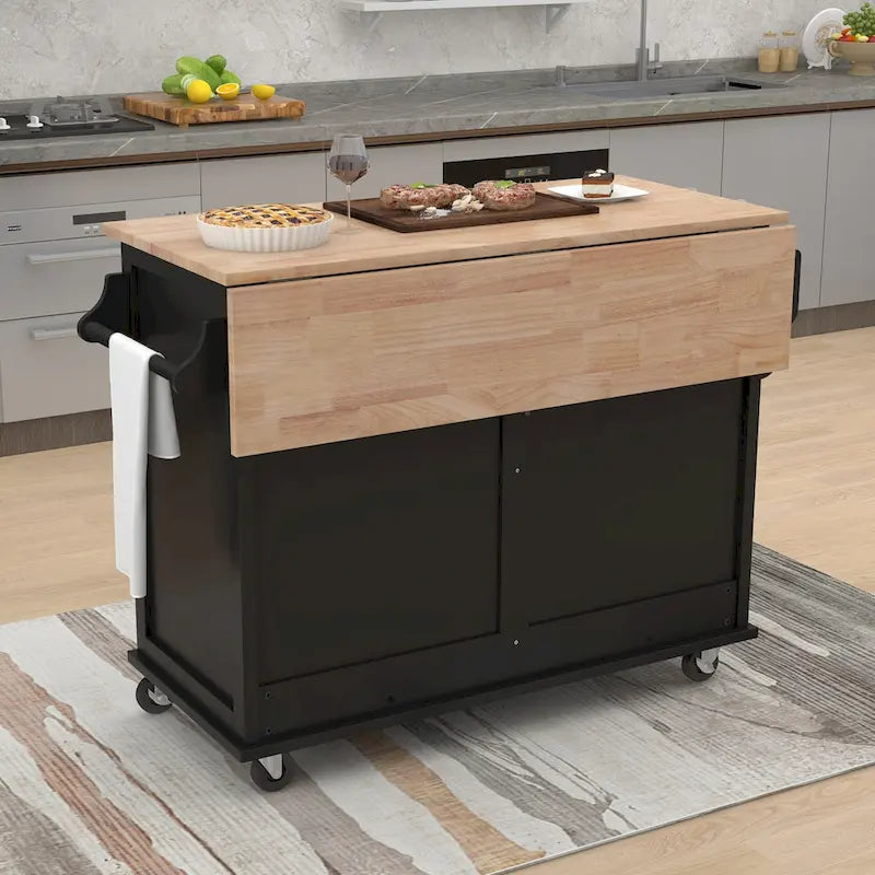 Desserte de cuisine avec plan de travail rabattable en bois d'hévéa et porte coulissante type grange