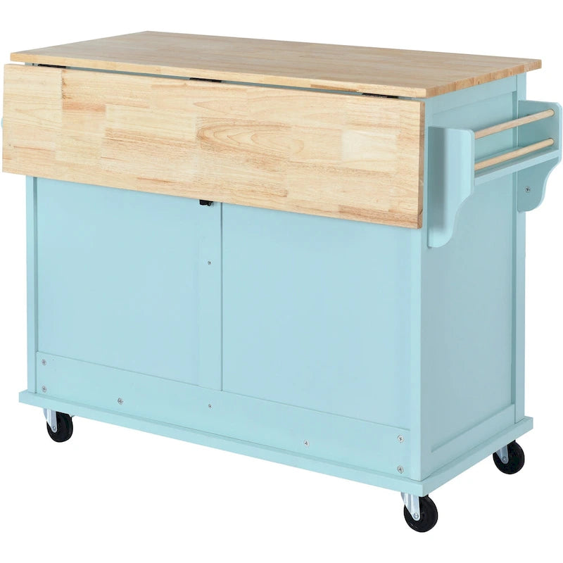 Desserte de cuisine avec plan de travail rabattable en bois d'hévéa et porte coulissante type grange