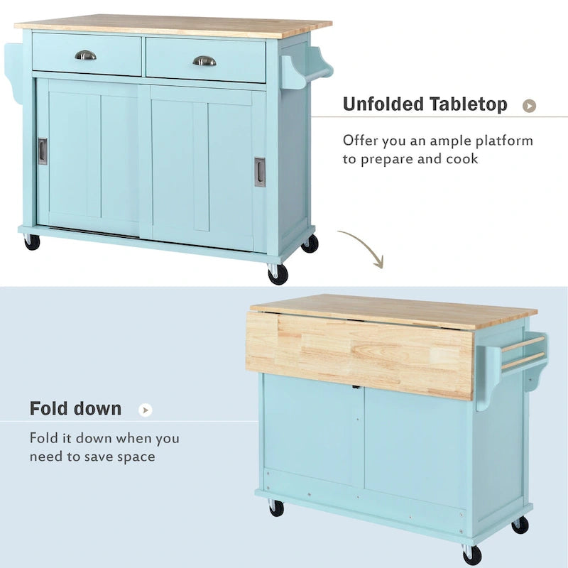 Desserte de cuisine avec plan de travail rabattable en bois d'hévéa et porte coulissante type grange