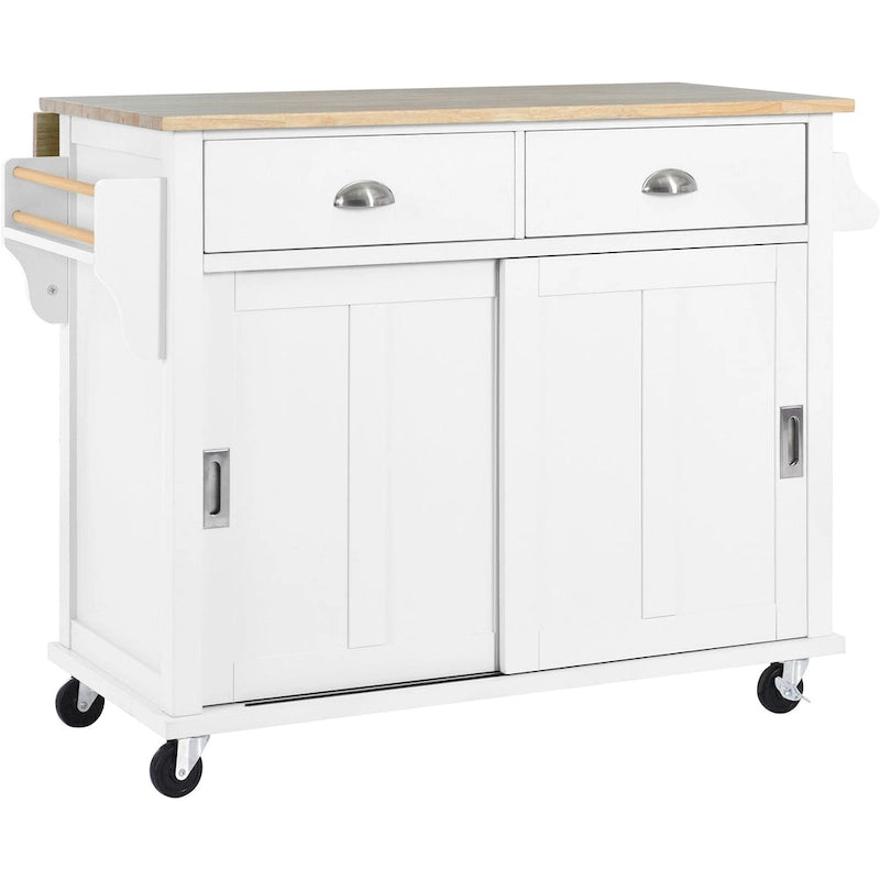 Desserte de cuisine avec plan de travail rabattable en bois d'hévéa et porte coulissante type grange