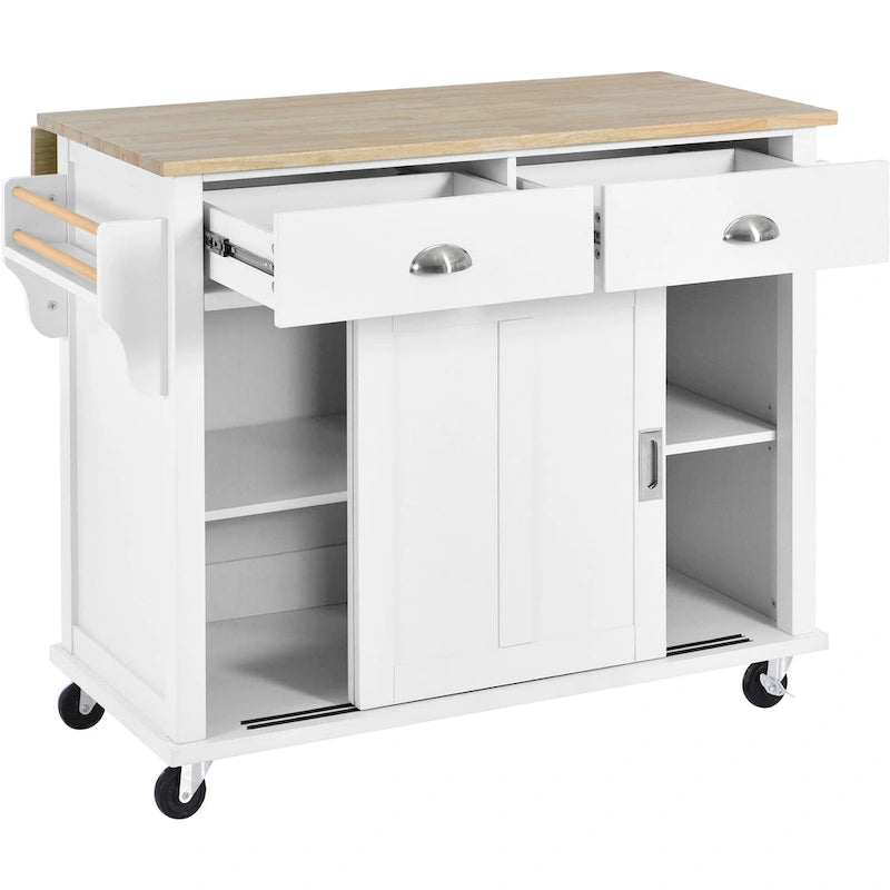 Desserte de cuisine avec plan de travail rabattable en bois d'hévéa et porte coulissante type grange