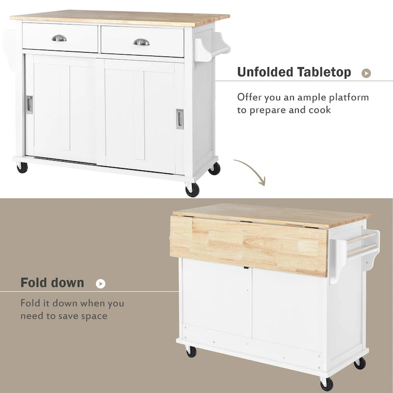 Desserte de cuisine avec plan de travail rabattable en bois d'hévéa et porte coulissante type grange