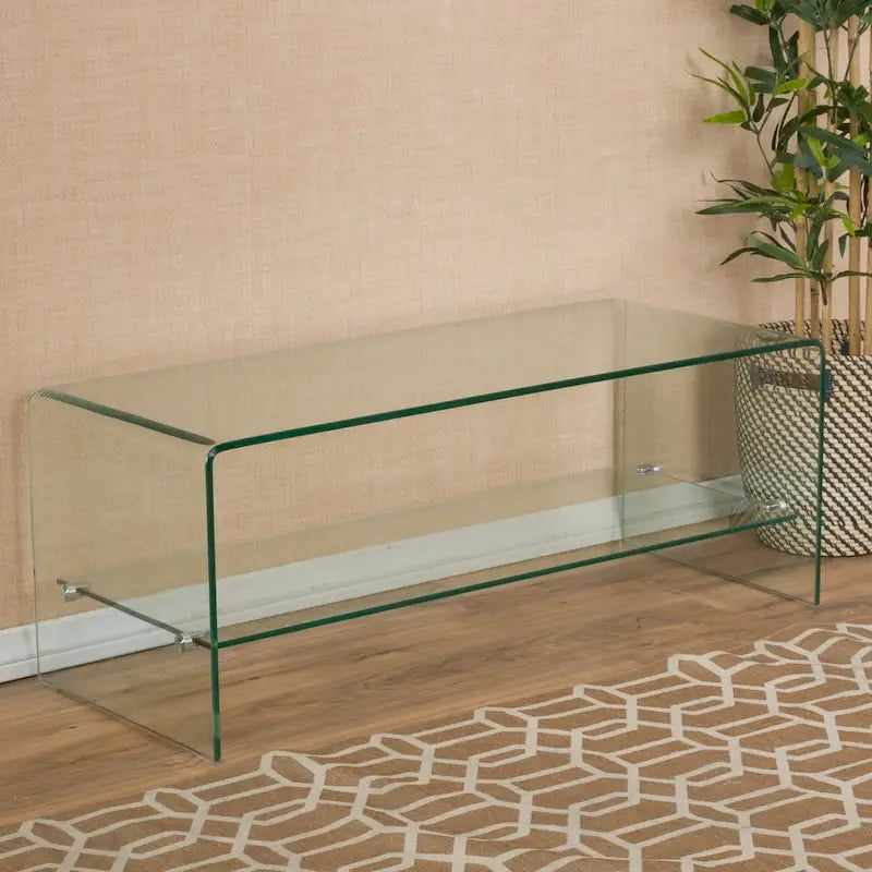 Meuble TV Console de divertissement en verre trempé avec étagère de rangement, Transparent