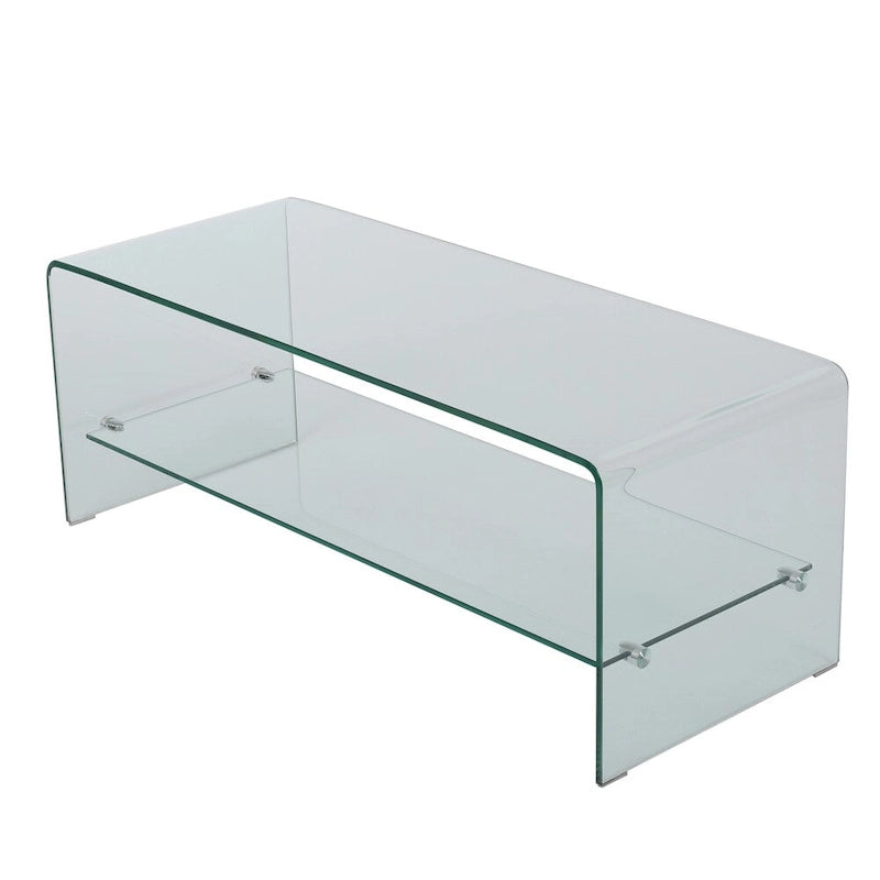 Meuble TV Console de divertissement en verre trempé avec étagère de rangement, Transparent