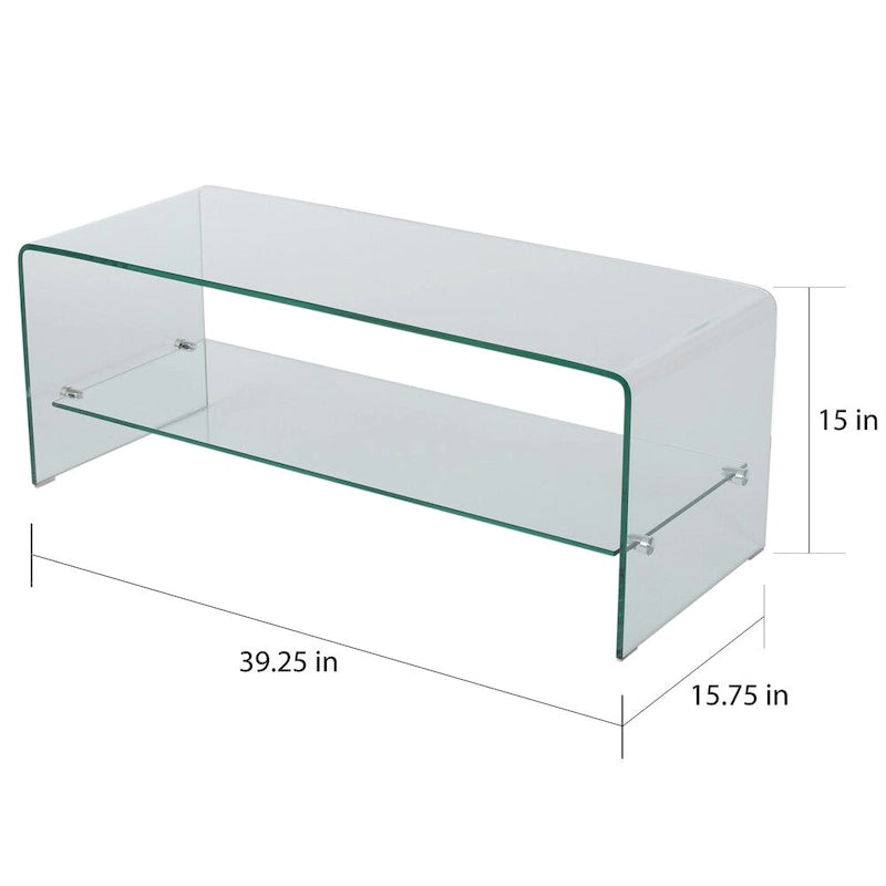 Meuble TV Console de divertissement en verre trempé avec étagère de rangement, Transparent