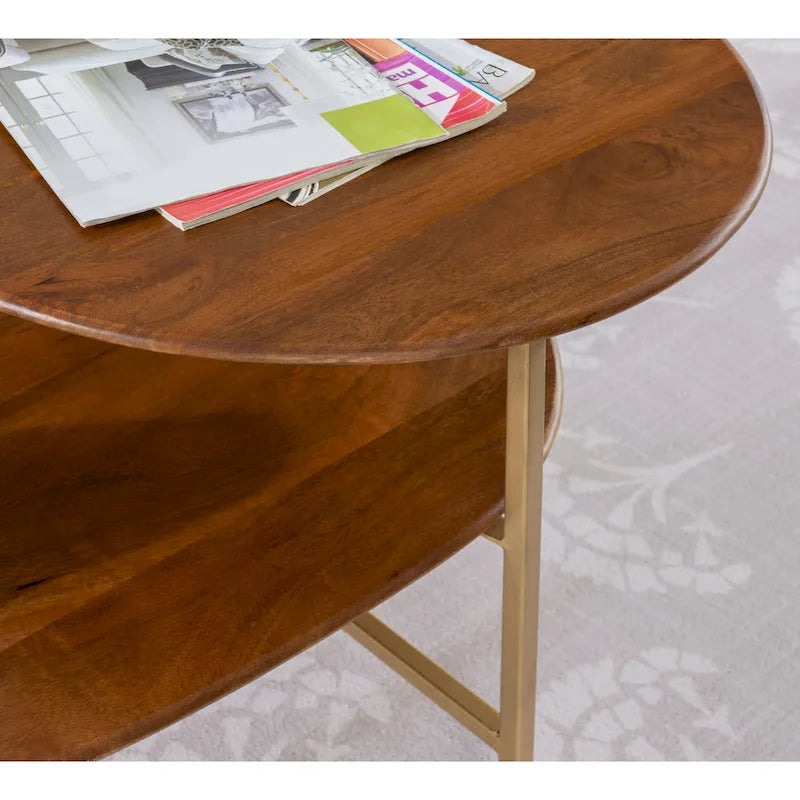 Table basse ovale en bois à 2 niveaux, style Mid-Century, avec pieds dorés