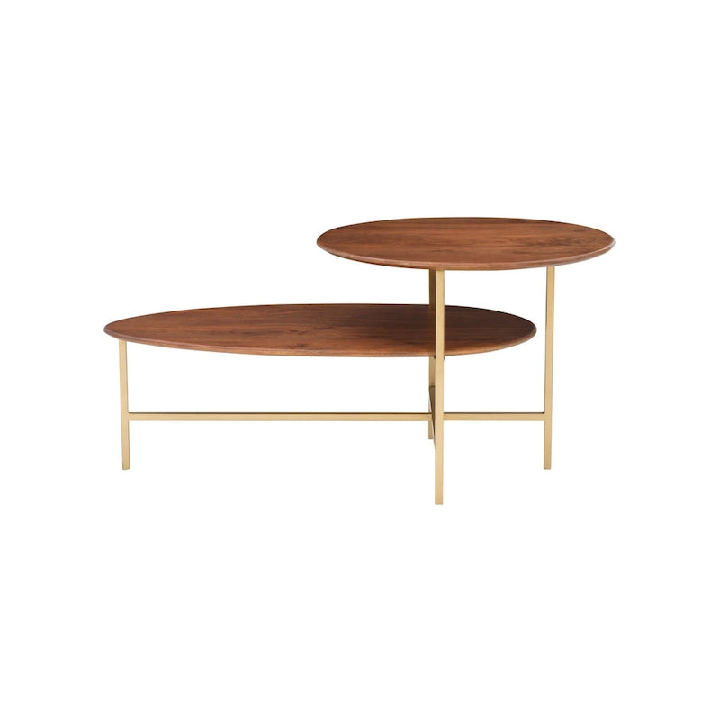 Table basse ovale en bois à 2 niveaux, style Mid-Century, avec pieds dorés