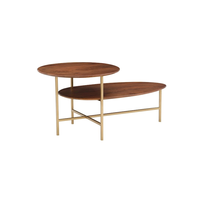 Table basse ovale en bois à 2 niveaux, style Mid-Century, avec pieds dorés
