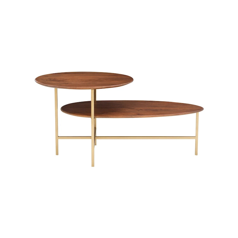 Table basse ovale en bois à 2 niveaux, style Mid-Century, avec pieds dorés