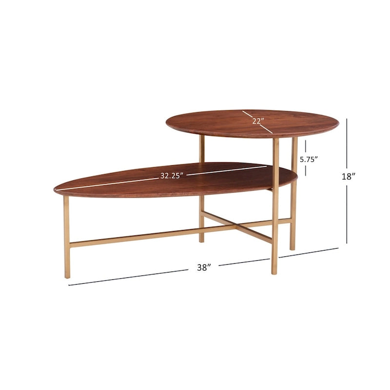 Table basse ovale en bois à 2 niveaux, style Mid-Century, avec pieds dorés
