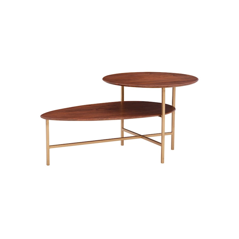 Table basse ovale en bois à 2 niveaux, style Mid-Century, avec pieds dorés
