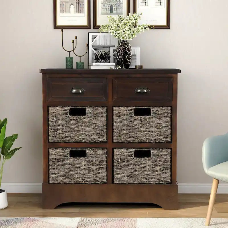 Meuble de rangement 2 tiroirs en bois avec 4 paniers en rotin, 28 po