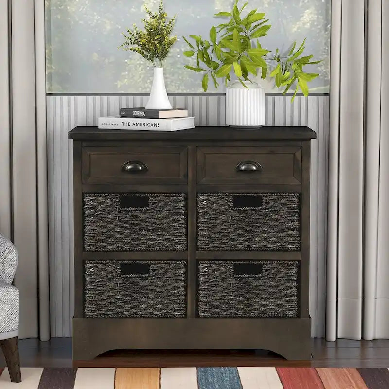 Meuble de rangement 2 tiroirs en bois avec 4 paniers en rotin, 28 po